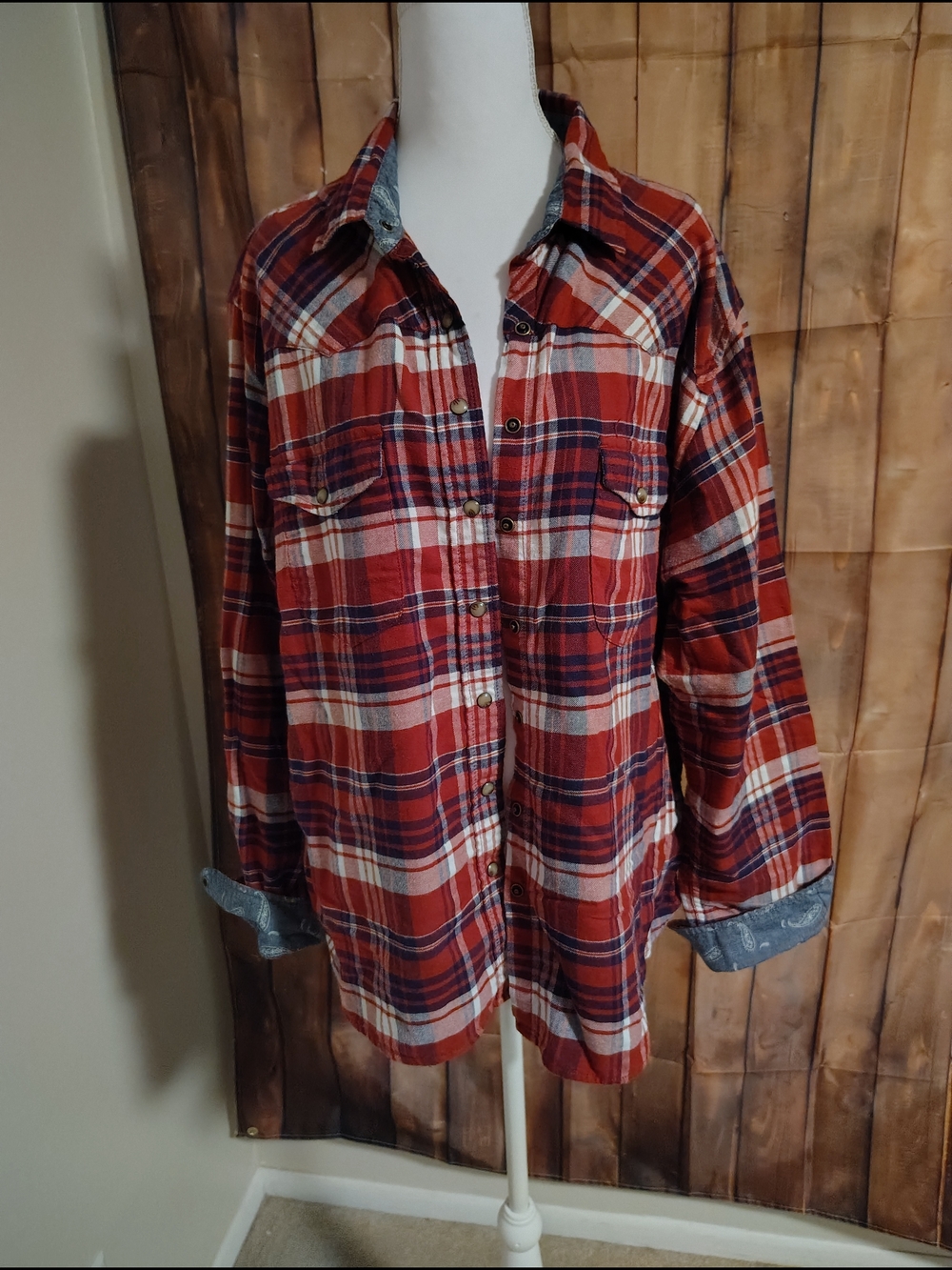 XL JACHS Girlfriend Super-Soft Flannel Red and Navy Plaid Button-Down Shirt